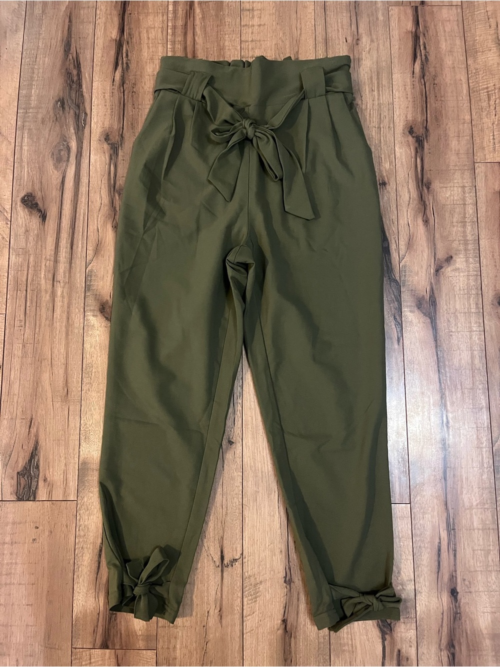 High-Waist Olive Paperbag Tie Trousers with Ankle Bows